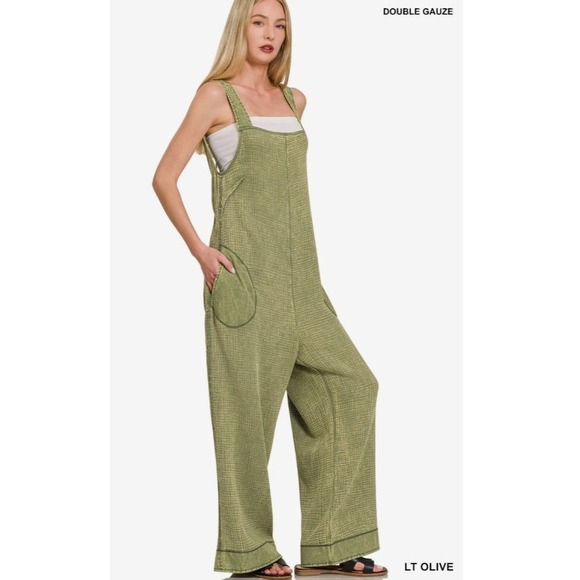 Zenana Outfitters Pants - Zenana‎ Double Gauze Washed Wide Leg Overalls Lt Olive Green Jumpsuit Small